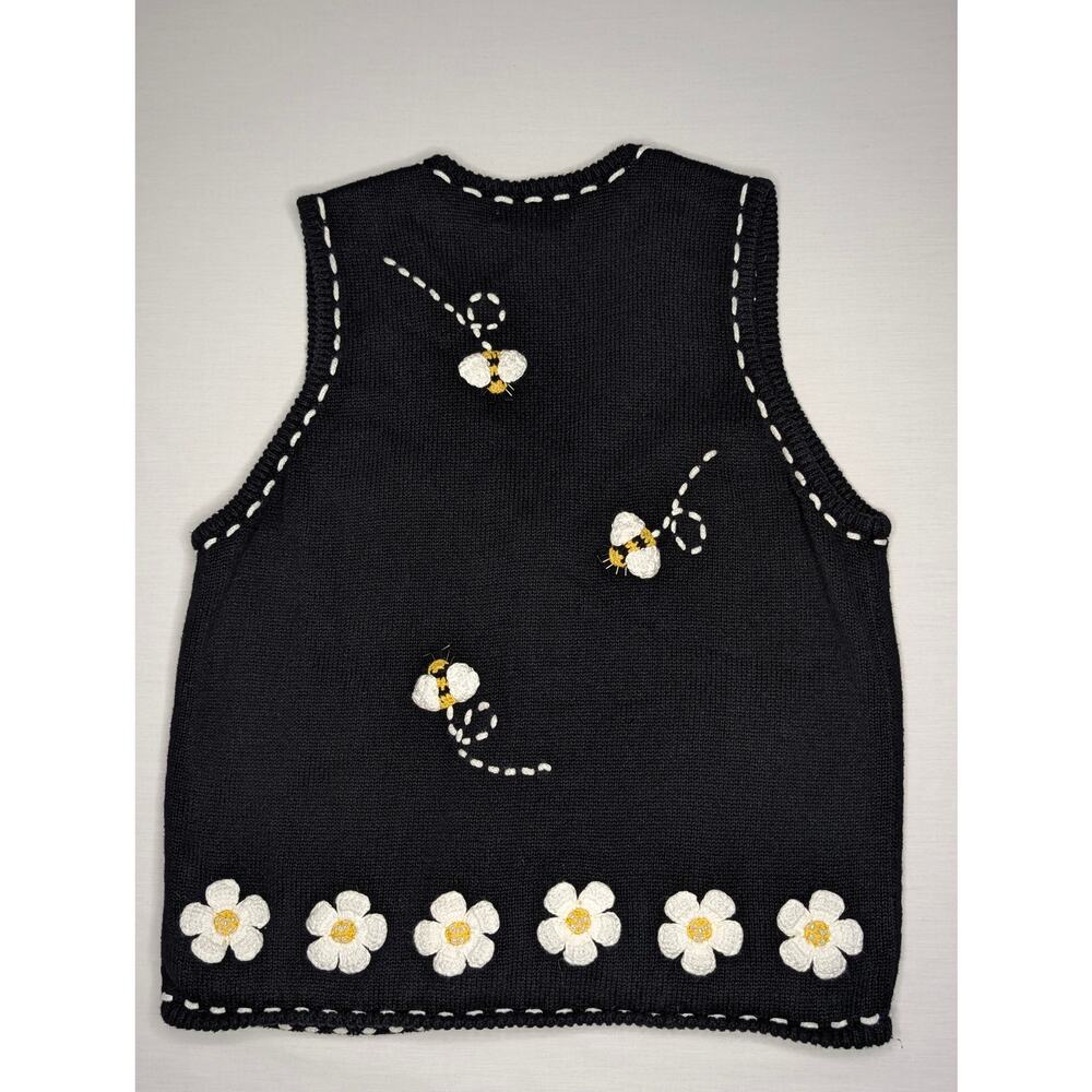 Mandal Bay Vintage 90s Knit Vest Lrg Cottagecore Beaded Bumble Bee Daisy Floral - Picture 2 of 12